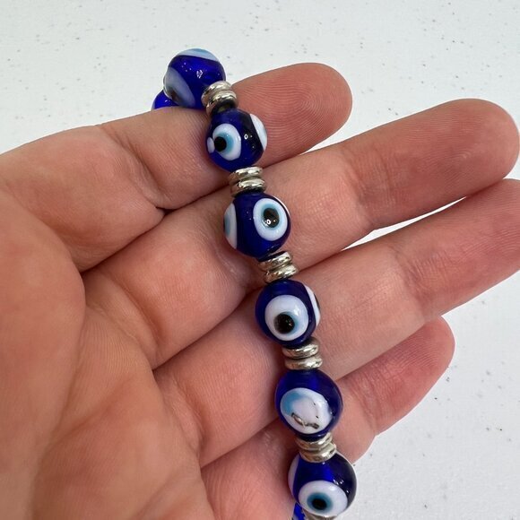 Blue Evil Eye Bead Bracelet For Protection Glass Beaded Stretch Silver Tone - Picture 2 of 6
